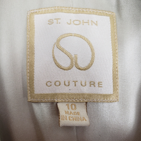 St. John Shimmering Silk Trench Tan / Silver w/ Belt & Pockets Couture sz 10 - Picture 15 of 15